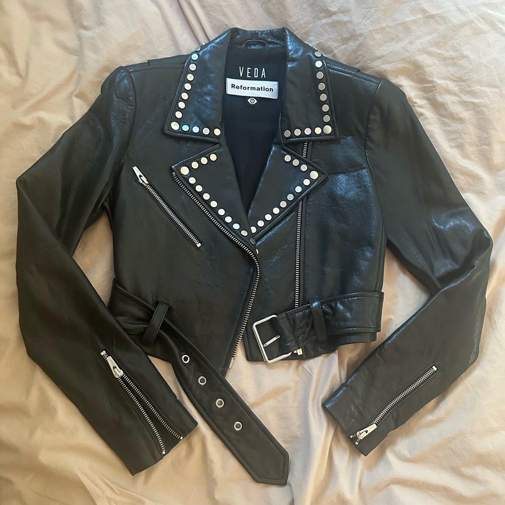 Veda x Reformation Black Studded Leather Jacket - Lamb Leather, Belted, XS